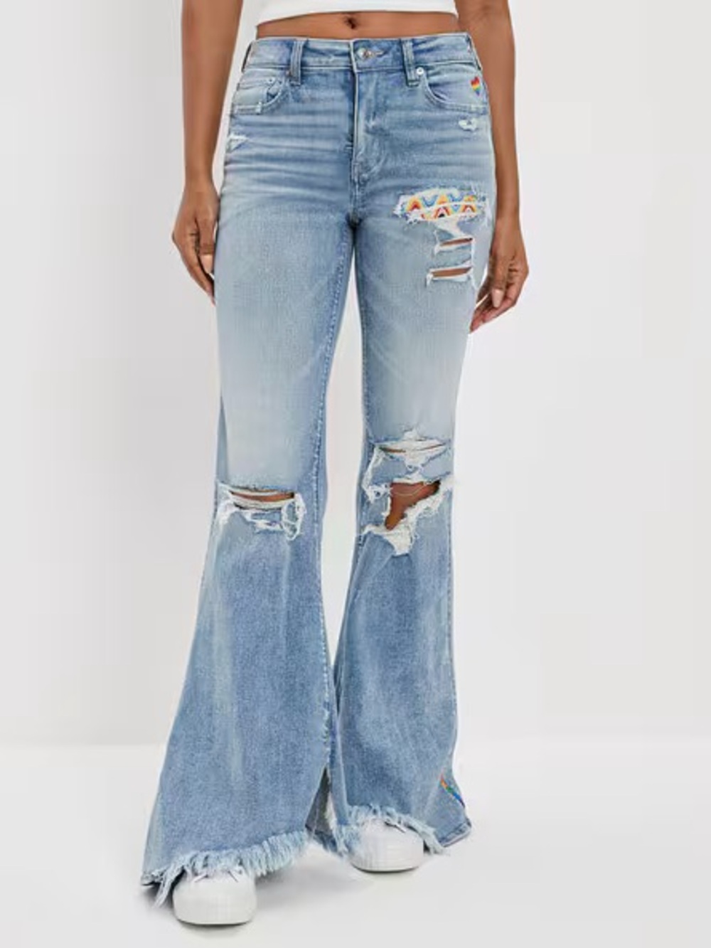 American Eagle Outfitters Light Blue Distressed Flare Jeans with Frayed Hem